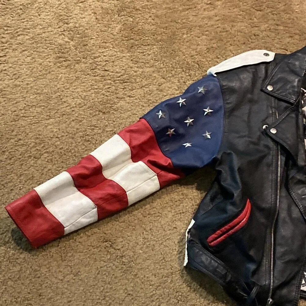 Vintage Phase 2 Leather Jacket Mens Size S American Flag Biker USA Studded Stars - Picture 7 of 16
